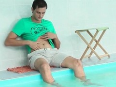 Unique guy sits poolside plus jerks off