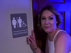 Bitch goes to public toilet and gets on her knees for sucking